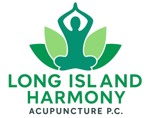 Logo: green figure in lotus pose, green leaves, text