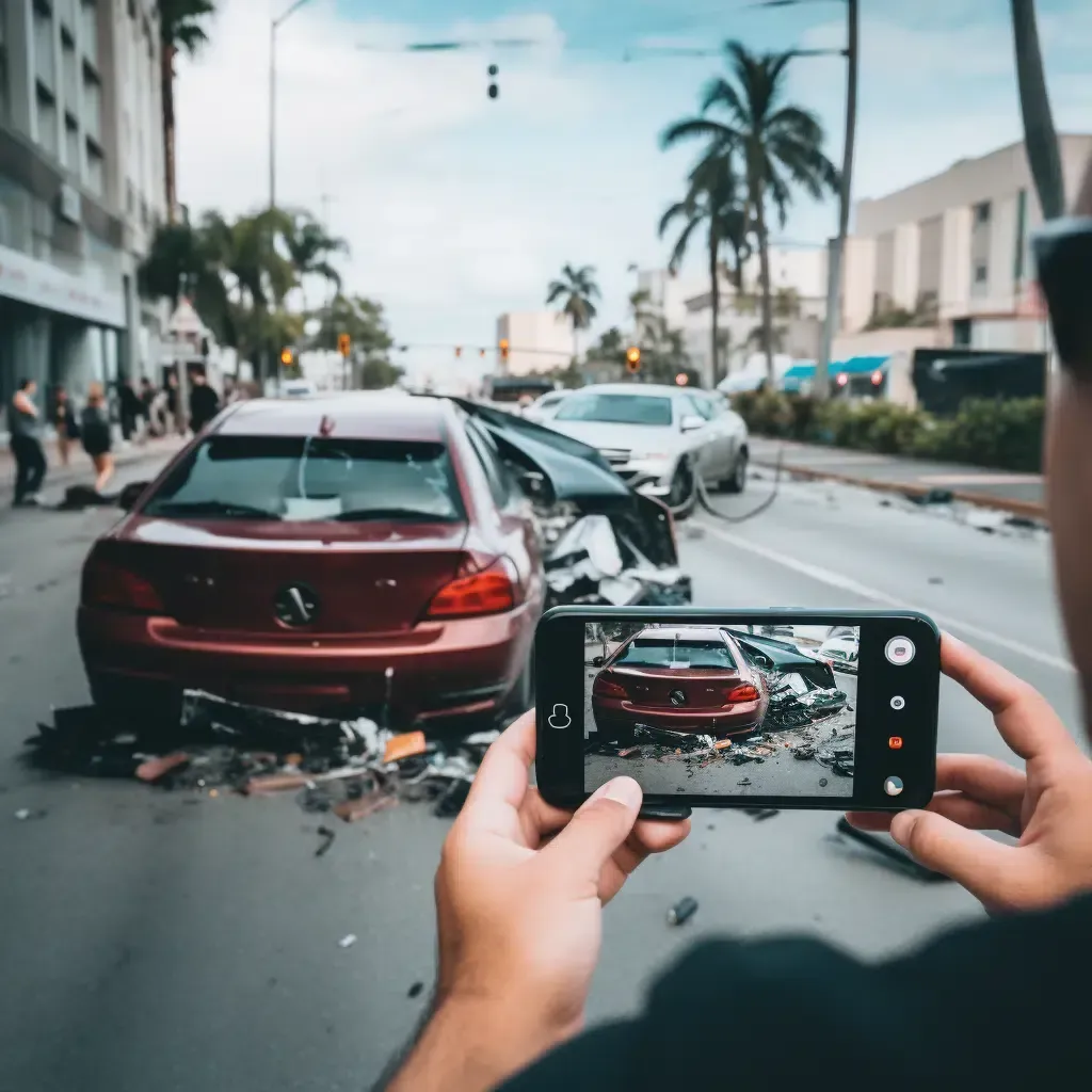 Close-up of a hand taking damage photos after a fender-bender, documenting the claim.