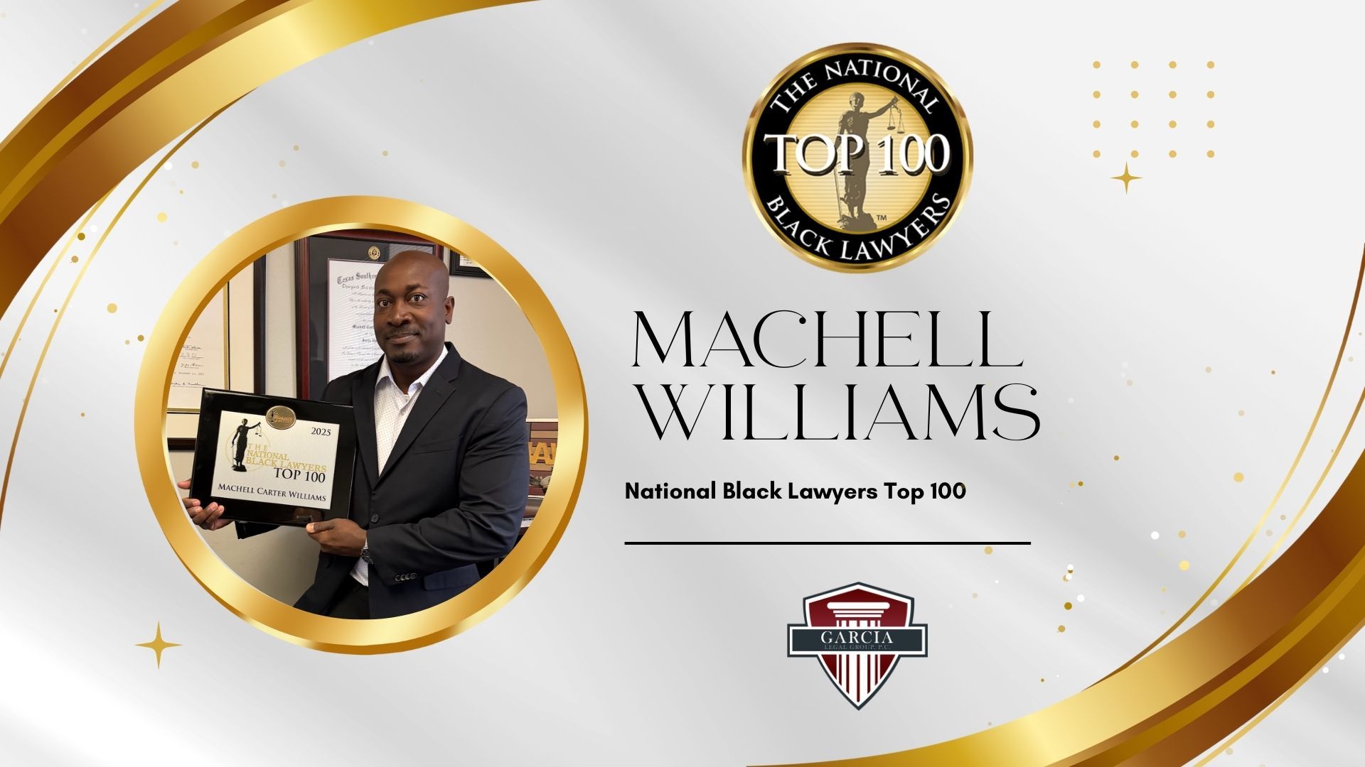 Machell Williams of Garcia Legal Group holding his National Black Lawyers Top 100 award for 2025.