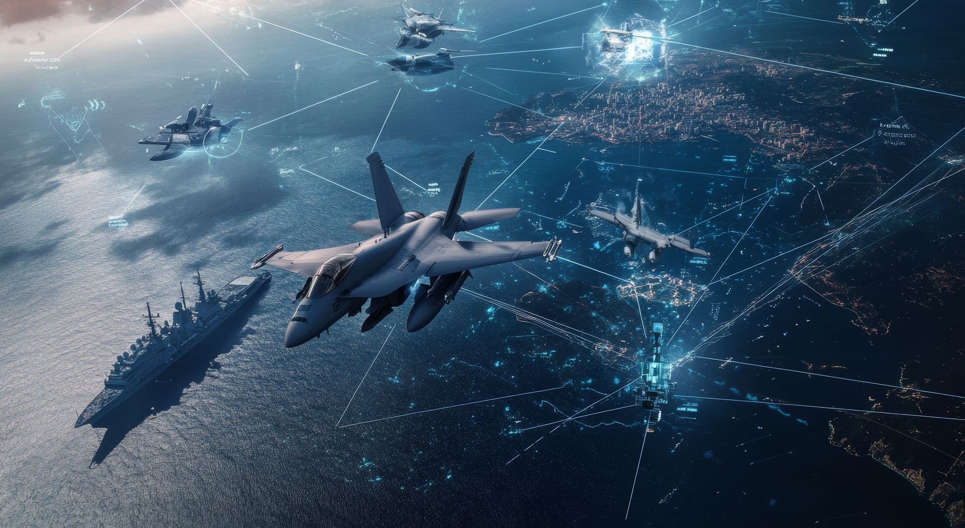 Military aircraft and ship over a cityscape connected by digital lines.