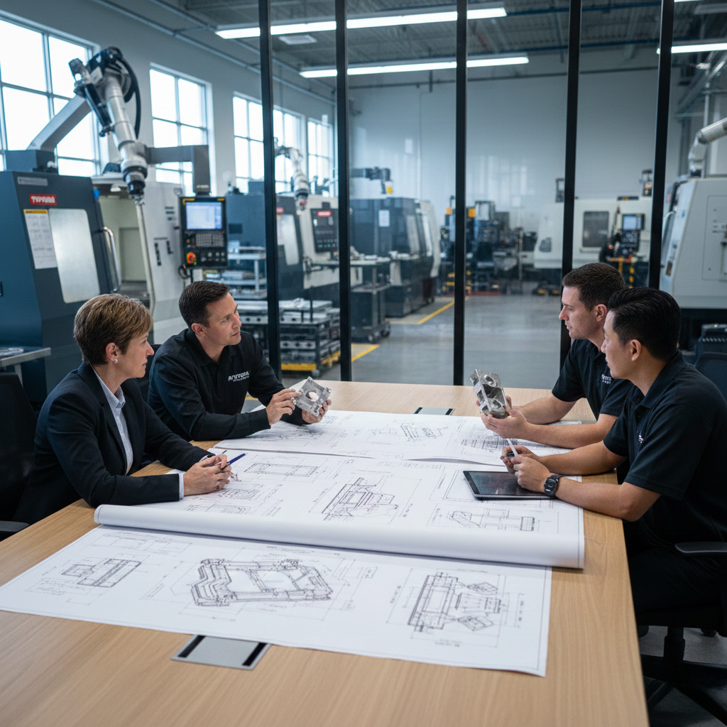 Four people in a manufacturing facility reviewing blueprints, holding metal parts.