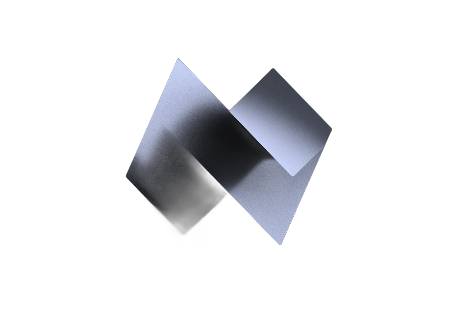 Geometric logo of two overlapping, angled shapes in grayscale and light blue.