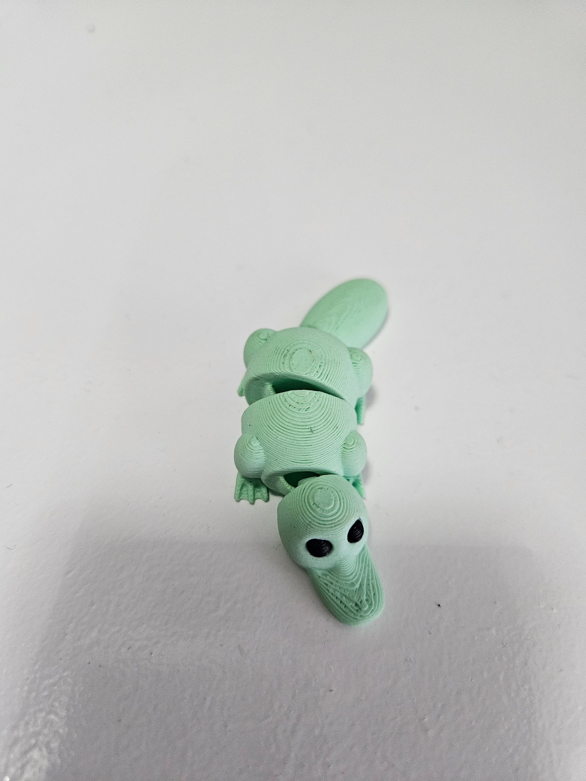 Green articulated toy crocodile on a white surface, with visible eyes and decorative patterns.