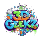 Colorful 3D Geekz logo with graffiti-style text, surrounded by 3D objects, spray can, and geometric shapes.