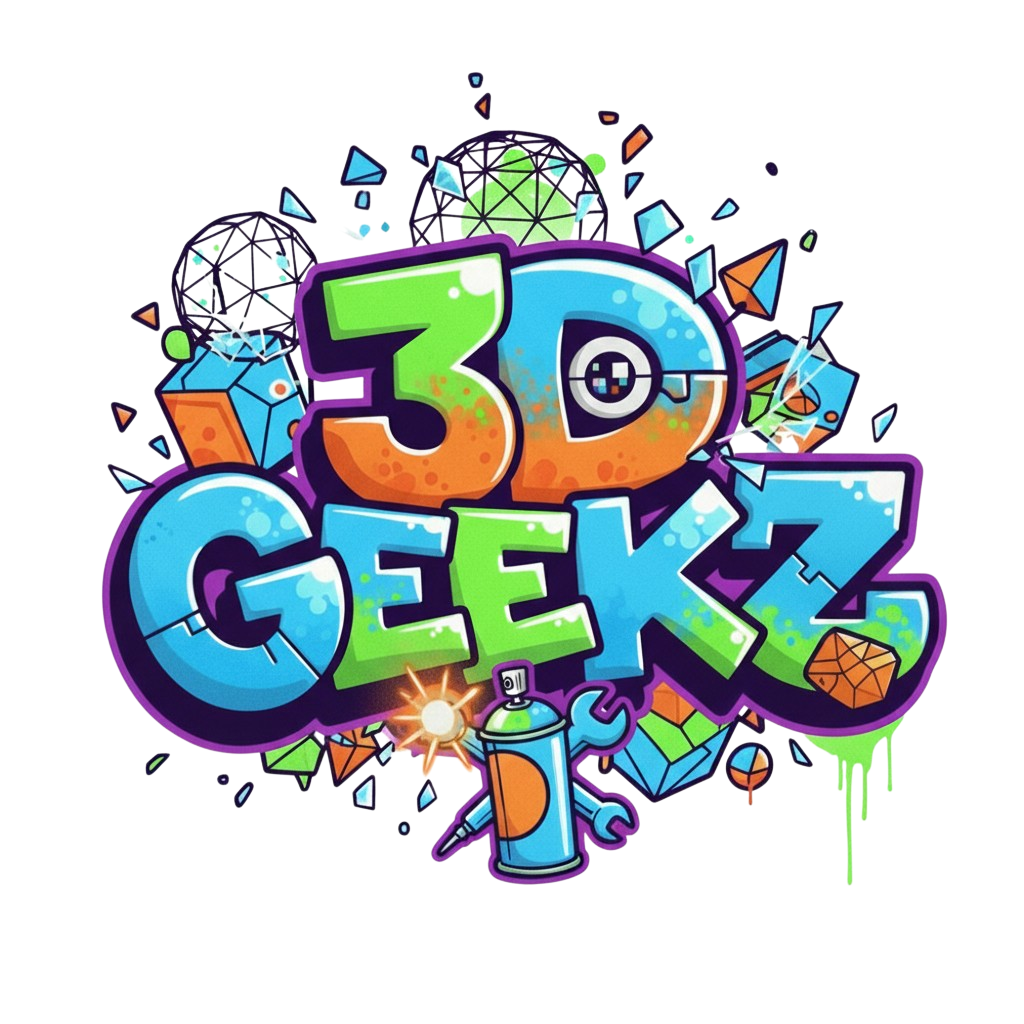 Colorful 3D Geekz logo with graffiti-style text, surrounded by 3D objects, spray can, and geometric shapes.