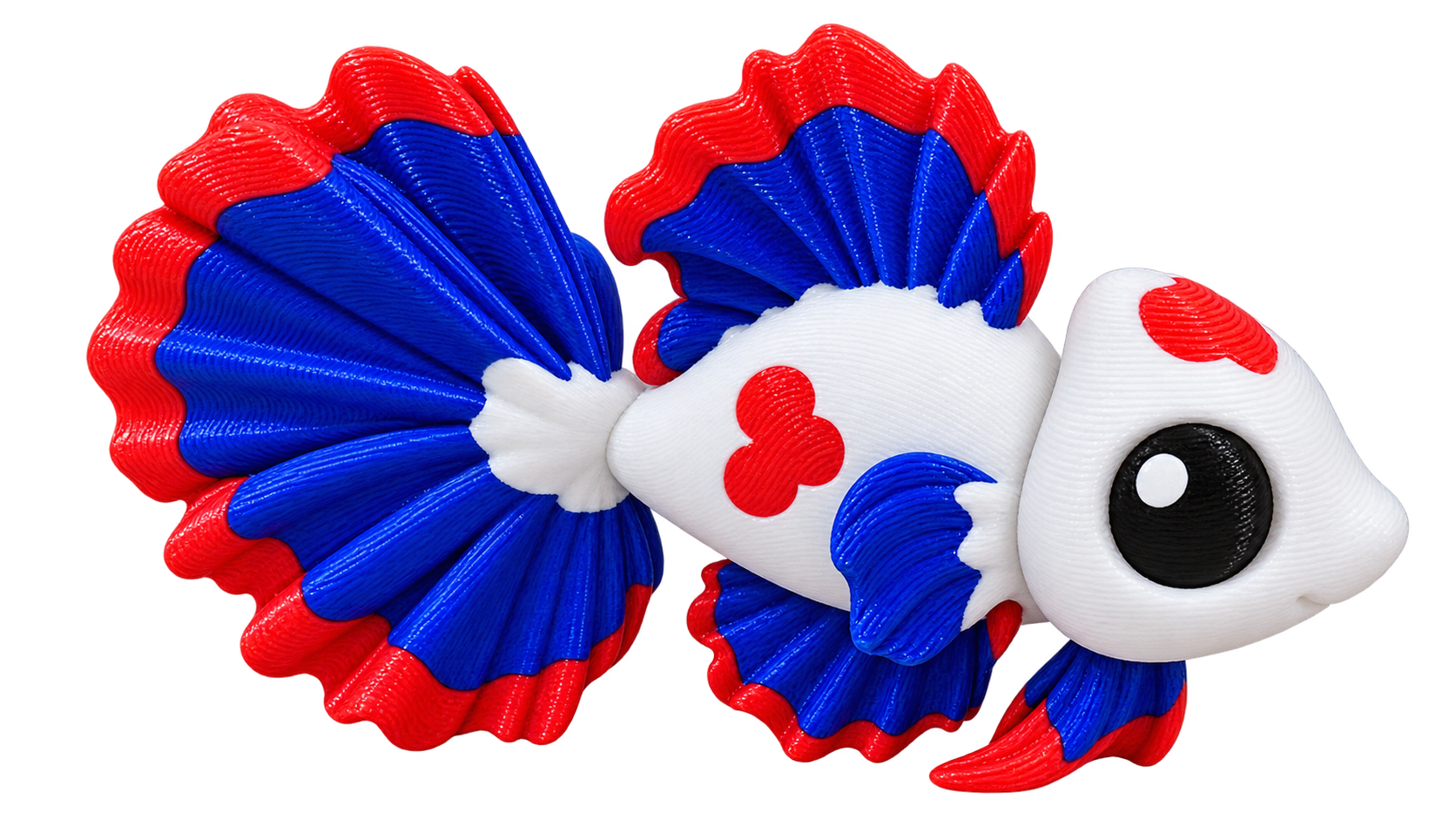 Blue and red fish figurine with large black eye on white background