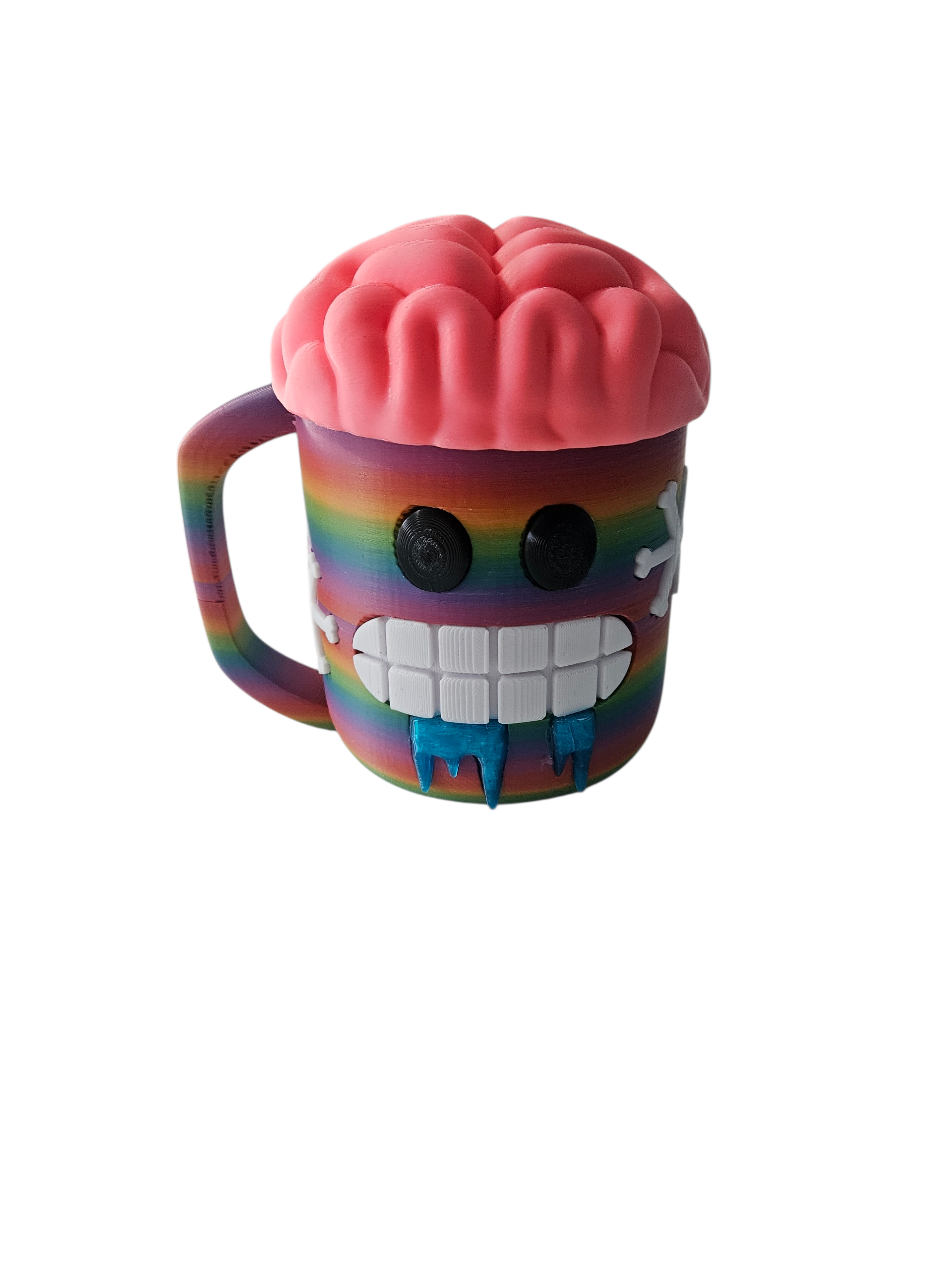 Rainbow mug with brain-shaped lid and toothy grin.