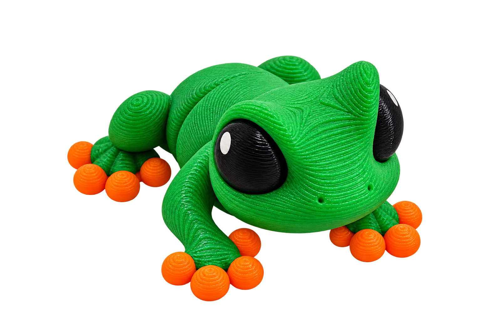 Green toy frog with oversized black eyes and orange feet on a white background