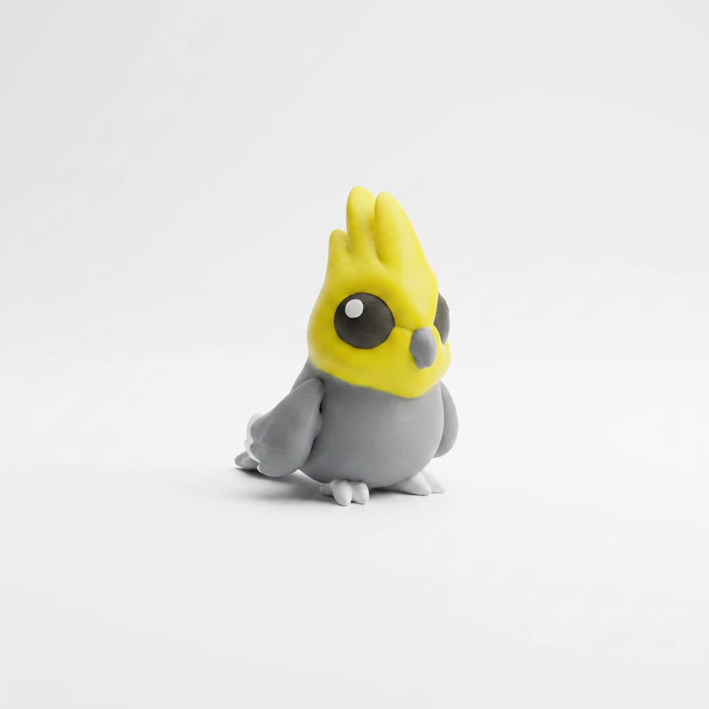 Small gray and yellow cockatiel figurine with large black eyes on a white background