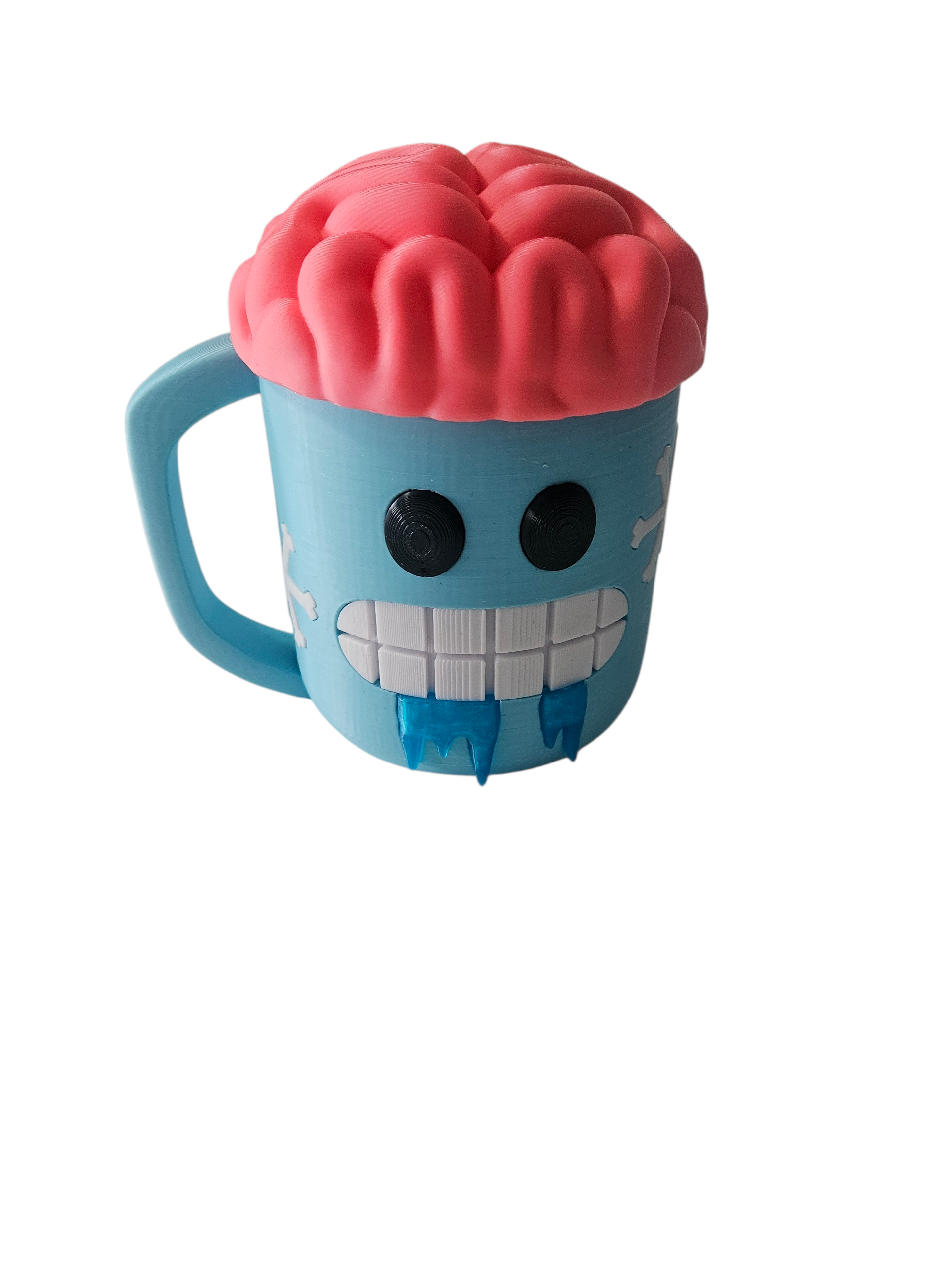 Blue mug with zombie face and pink brain-shaped lid.