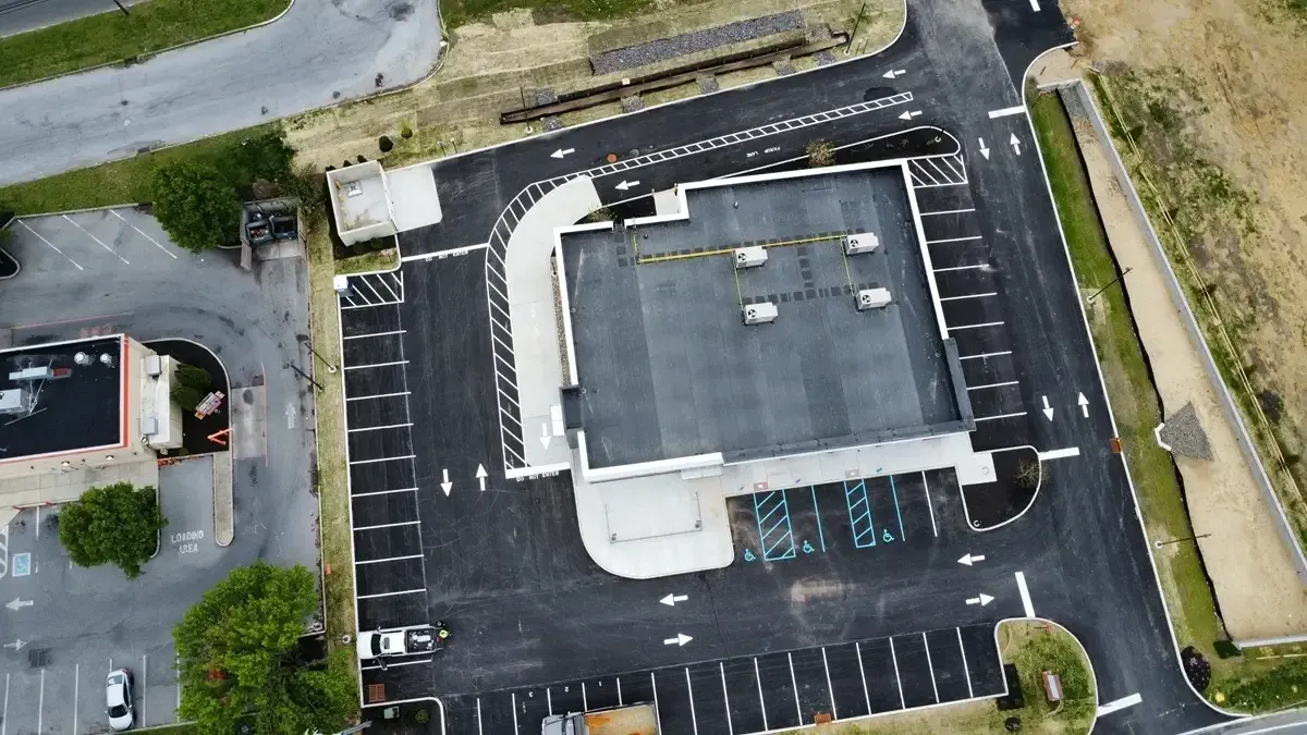 aerial view of the completed parking lot at pure flex warehouse