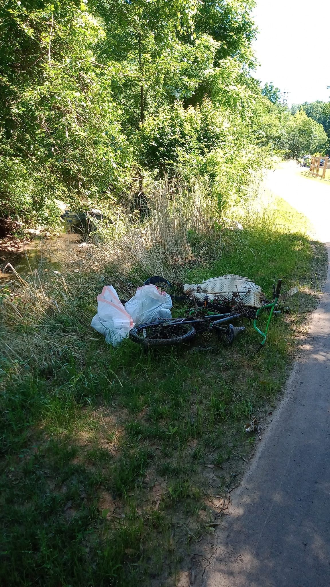 Trash bags and debris on the grass near a path with trees in the background.