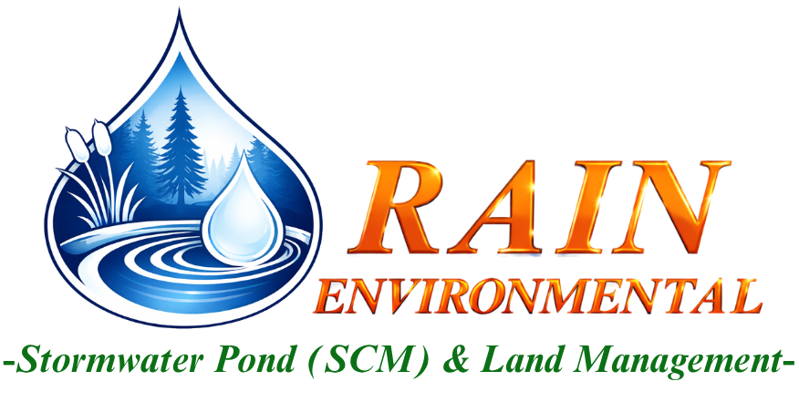 Logo of Rain Environmental: blue water droplet with reeds, orange text, slogan