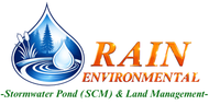 Logo of Rain Environmental: blue water droplet with reeds, orange text, slogan 