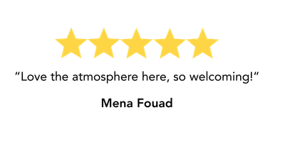 A five-star rating followed by the quote, 