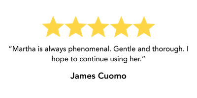 A five-star rating with a testimonial from James Cuomo praising Martha for being phenomenal, gentle, and thorough.