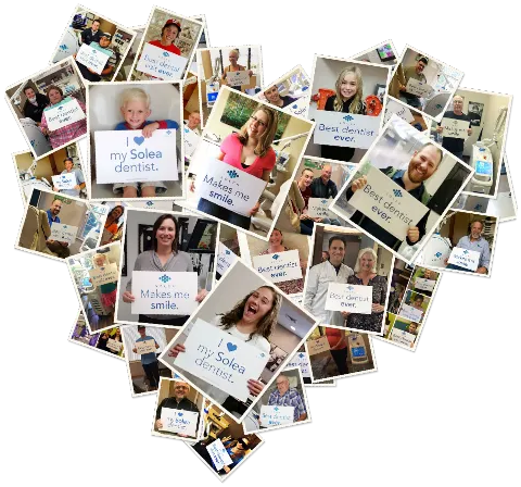 A heart-shaped collage of photos featuring people holding signs expressing support for their dentist.