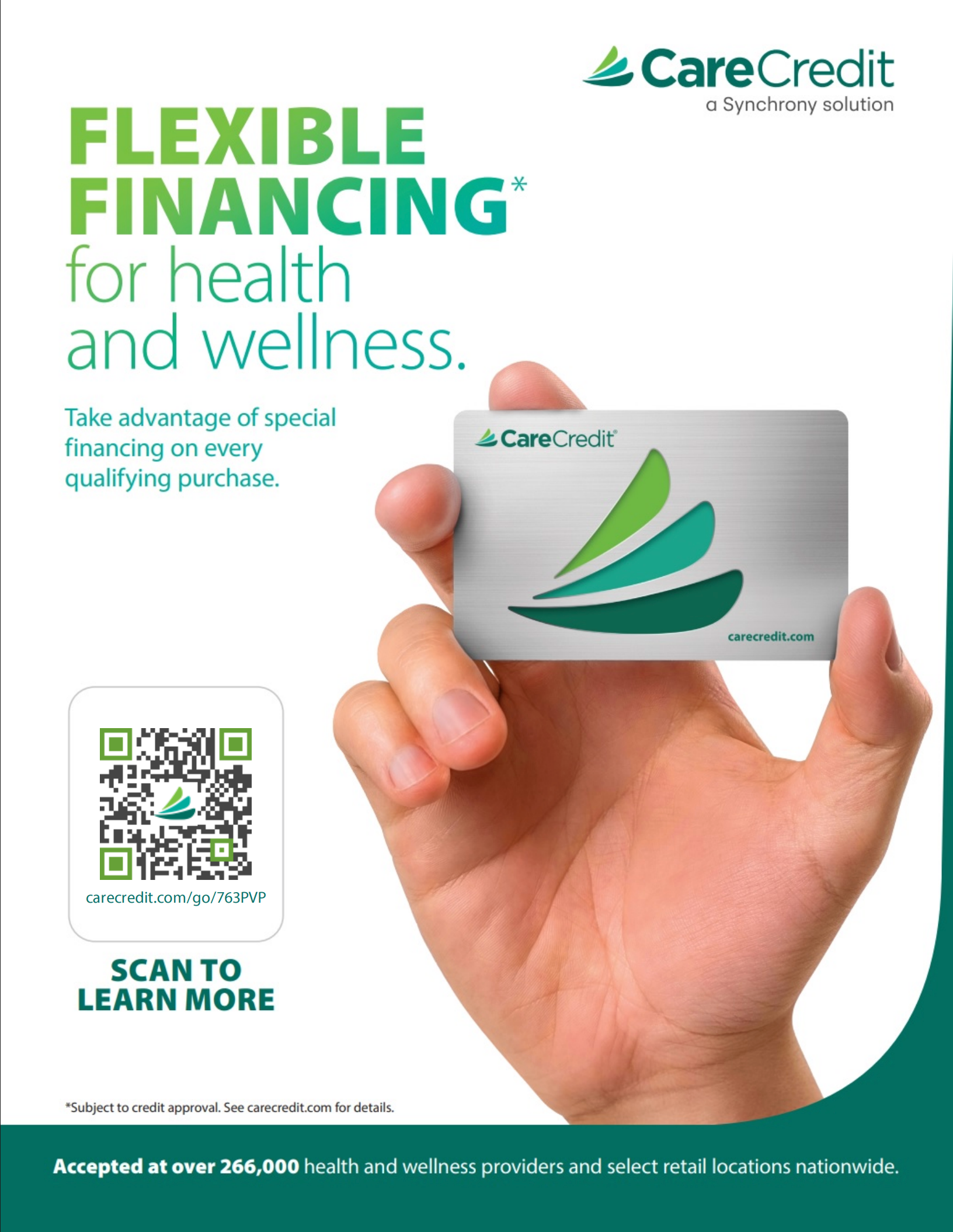 A hand holds a CareCredit card promoting flexible financing for health and wellness, with a QR code to learn more.