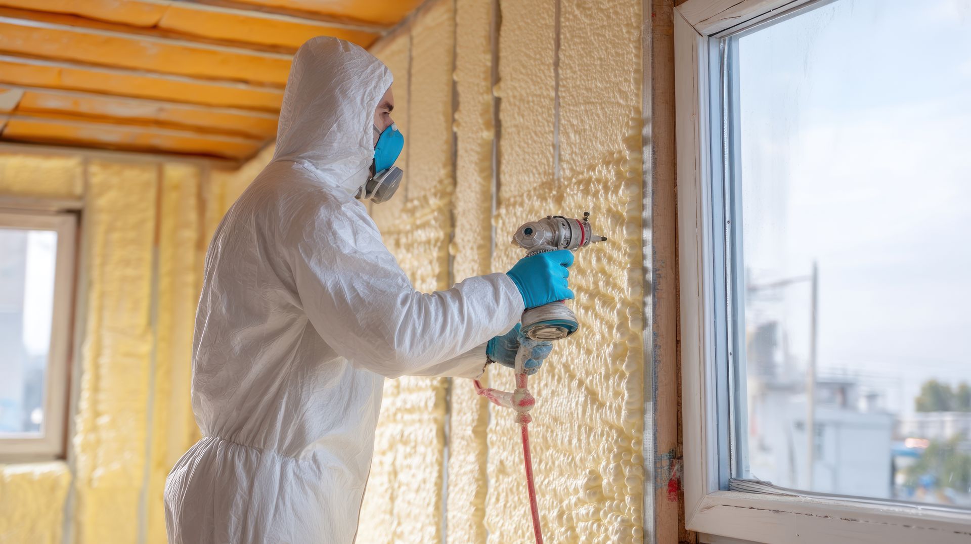 Worker in protective gear spraying foam insulation onto interior wall studs. Worker in protective gear spraying foam insulation onto interior wall studs.