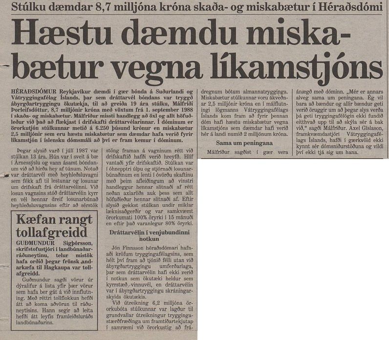 Hæstu dæmdu miskabætur vegna líkamstjóns