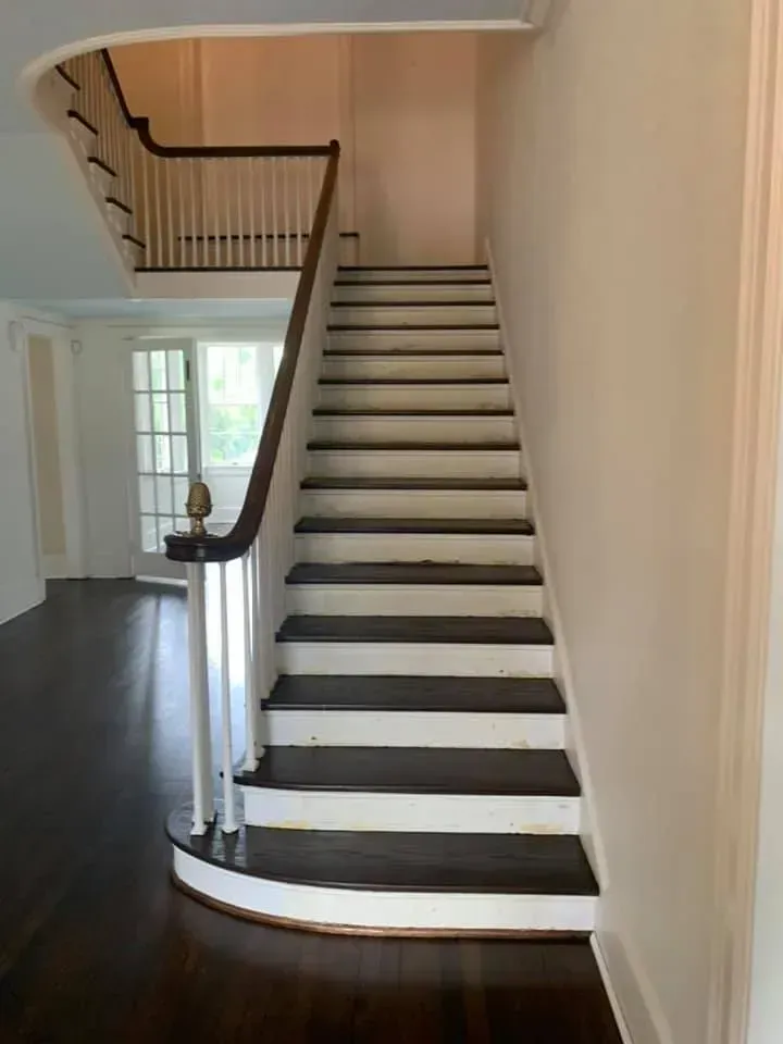 Curved staircase with dark treads, white risers, and a wooden banister in a bright hallway