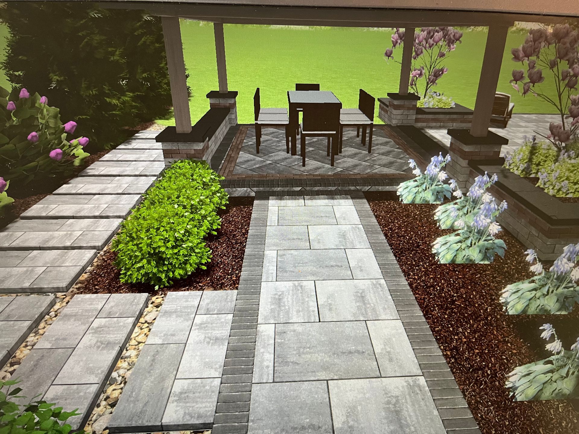 Patio rendering with a stone pathway, dining table, and pergola surrounded by landscaping.