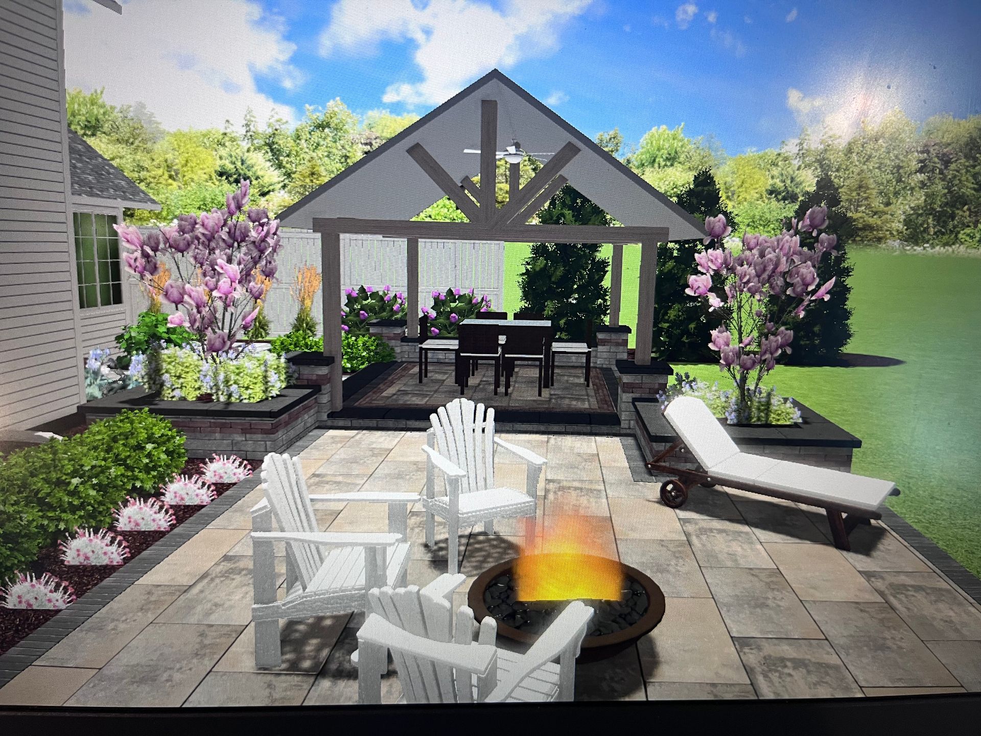 Backyard patio design with a fire pit, Adirondack chairs, a pergola with dining set, and flowering plants.