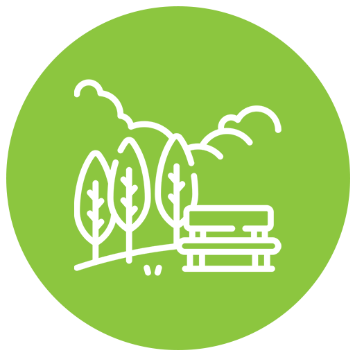 Park scene with trees, bench, and hills within a green circle.