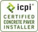 ICPI Certified Concrete Paver Installer seal. Green and black with logo, text.