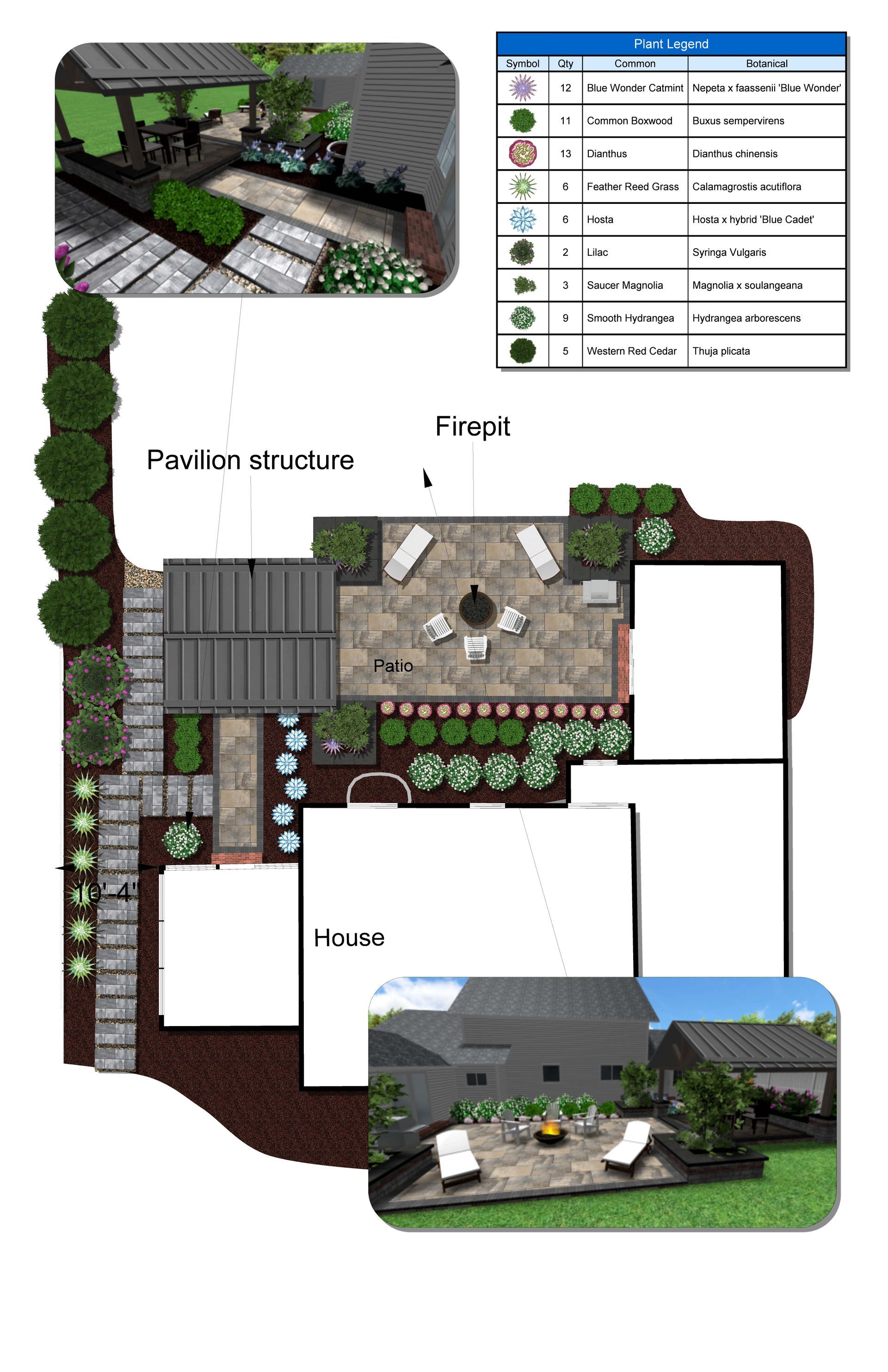 Garden design plan with patio, fire pit, arbor, and planting areas, near a house.
