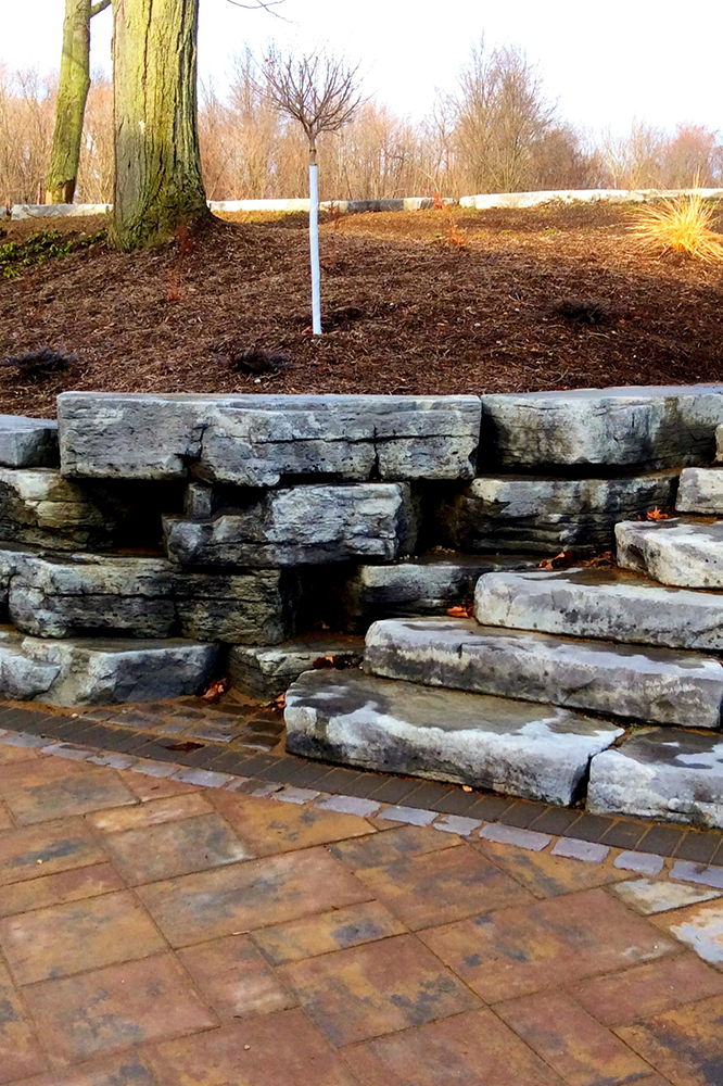 Stone steps lead up a small hill, next to a paved patio.