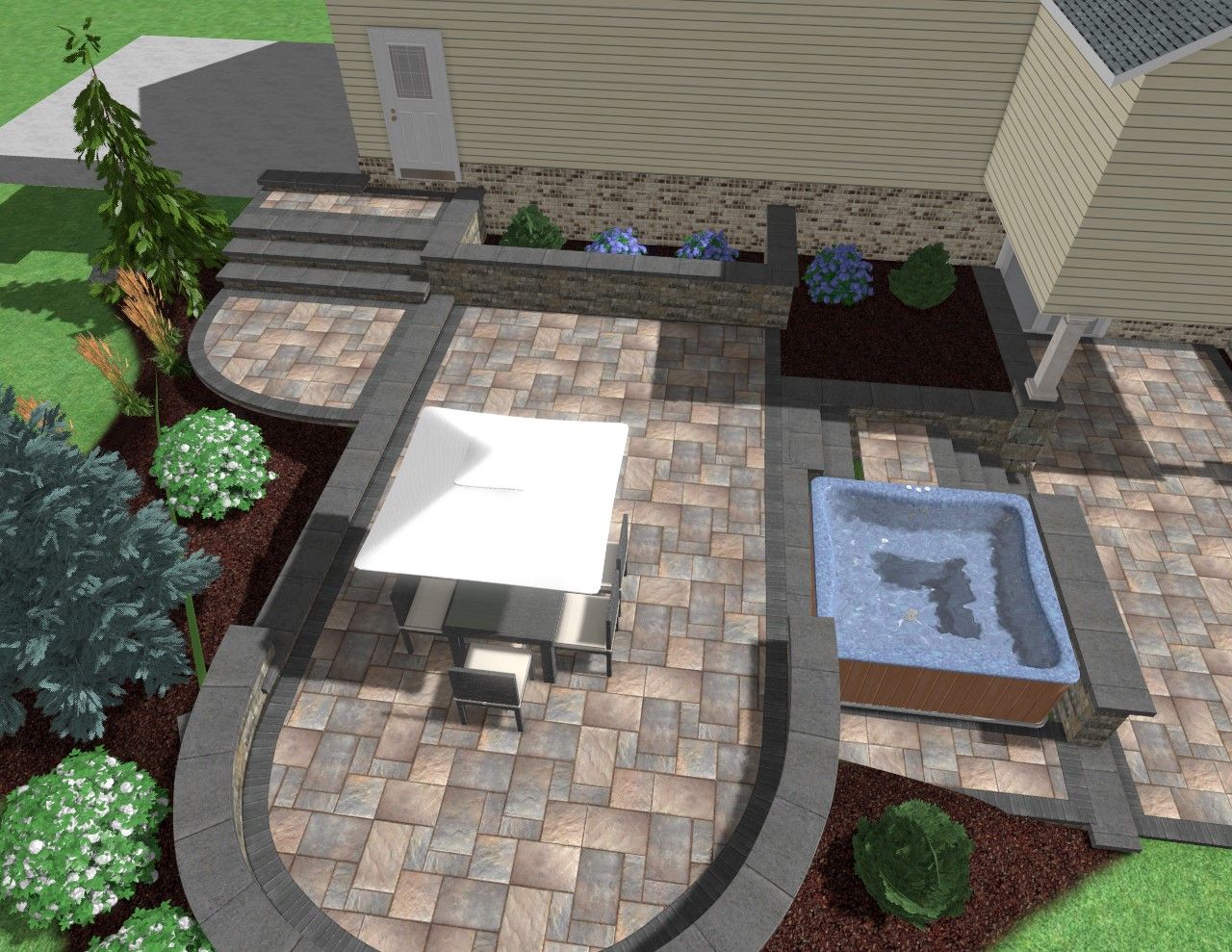 Overhead view of a backyard patio with a hot tub, seating area, landscaping, and steps leading to a door.