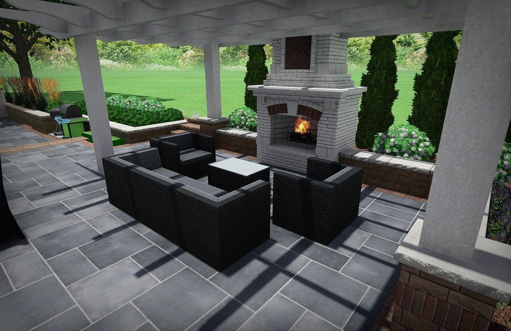 Outdoor patio with black furniture, fireplace, and pergola.