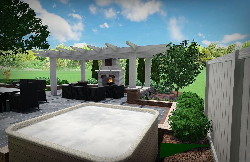 Backyard patio with hot tub, fireplace, and pergola under a blue sky.