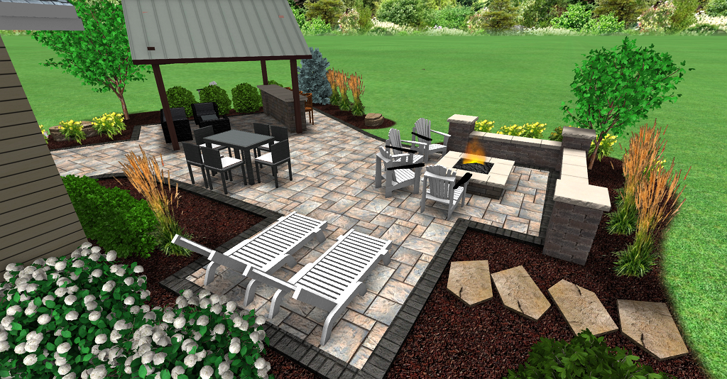 Outdoor patio design with seating areas, a fire pit, and landscaping.