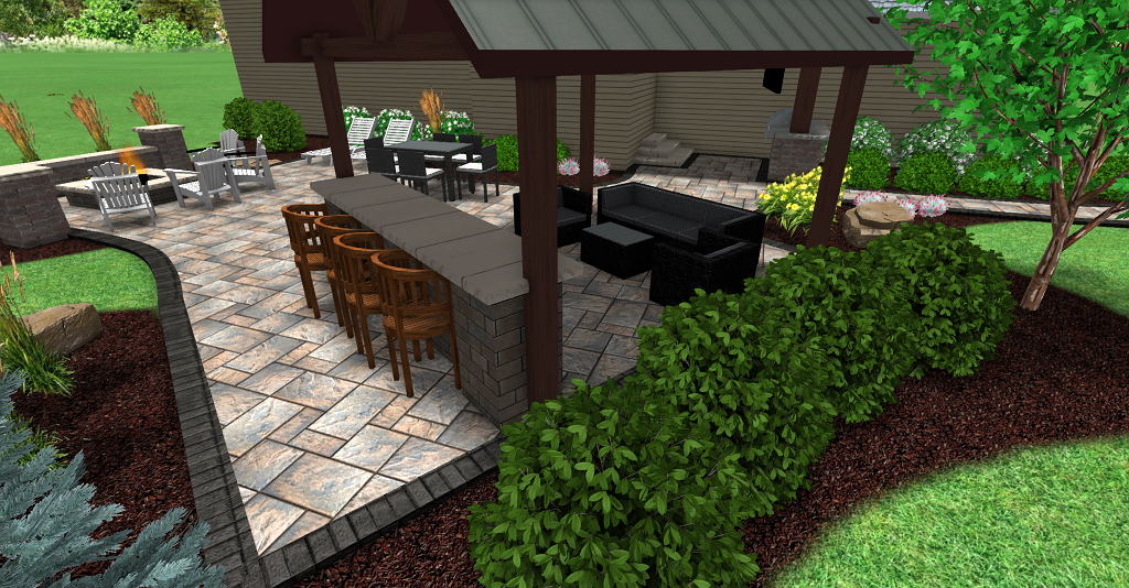 Outdoor patio with bar, dining area, and grill under a wooden pergola.