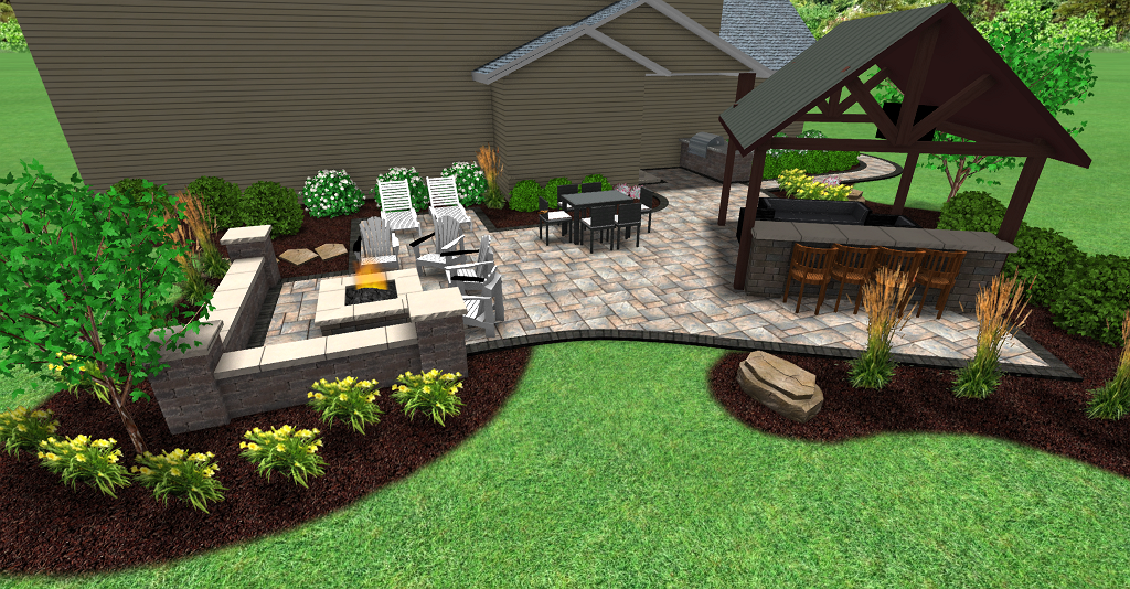 Backyard patio with fire pit, outdoor kitchen, seating, and landscaping.
