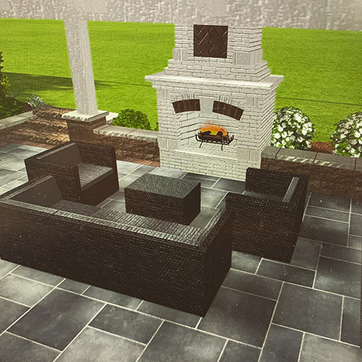 Outdoor patio with dark furniture, fireplace, and green lawn.