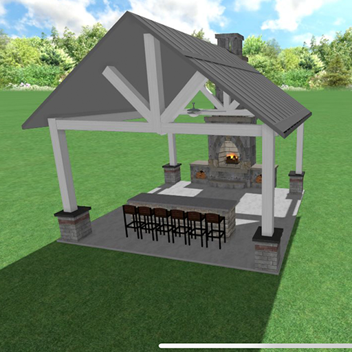 Gazebo with bar and fireplace; gray roof, white beams, stone pillars on grass.