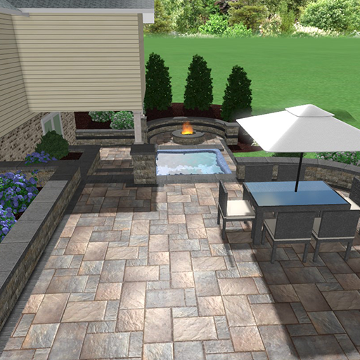 Patio with stone pavers, hot tub, fire pit, dining set, and trees; sunny outdoor scene.