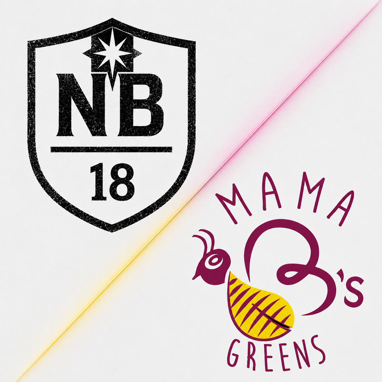 NB 18 shield logo beside the pink and yellow Mama B’s Greens logo on a white background