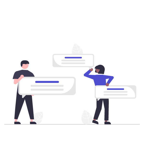 Two people stand with floating chat bubbles in a minimal white conversation scene.