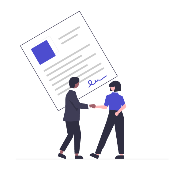 Two people shaking hands beneath a large signed document icon