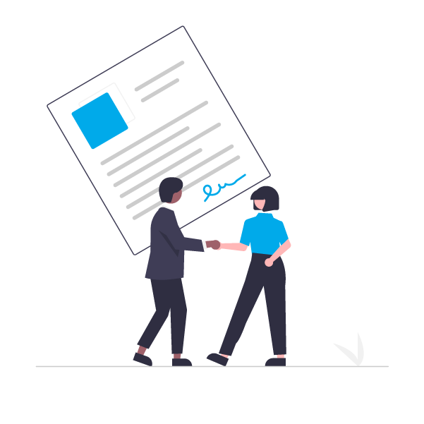 Two people shaking hands in front of a large signed document illustration