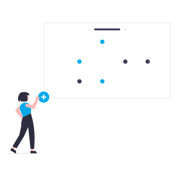 Person standing beside a chart with colored data points and a plus icon on a white background