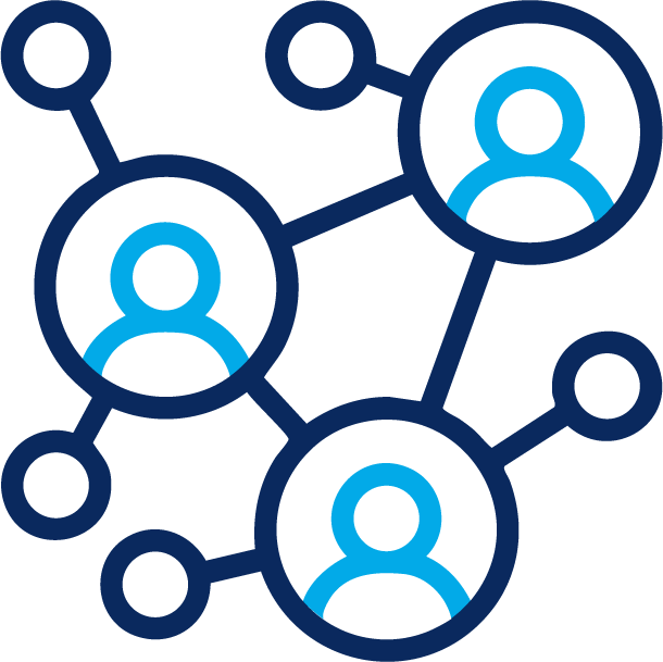 Blue network icon with three connected user avatars in circles