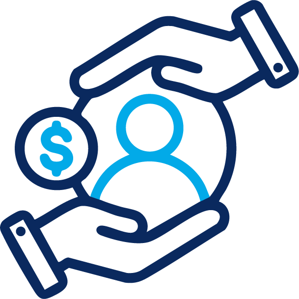 Hands protecting a user icon beside a blue dollar sign, symbolizing financial protection or support