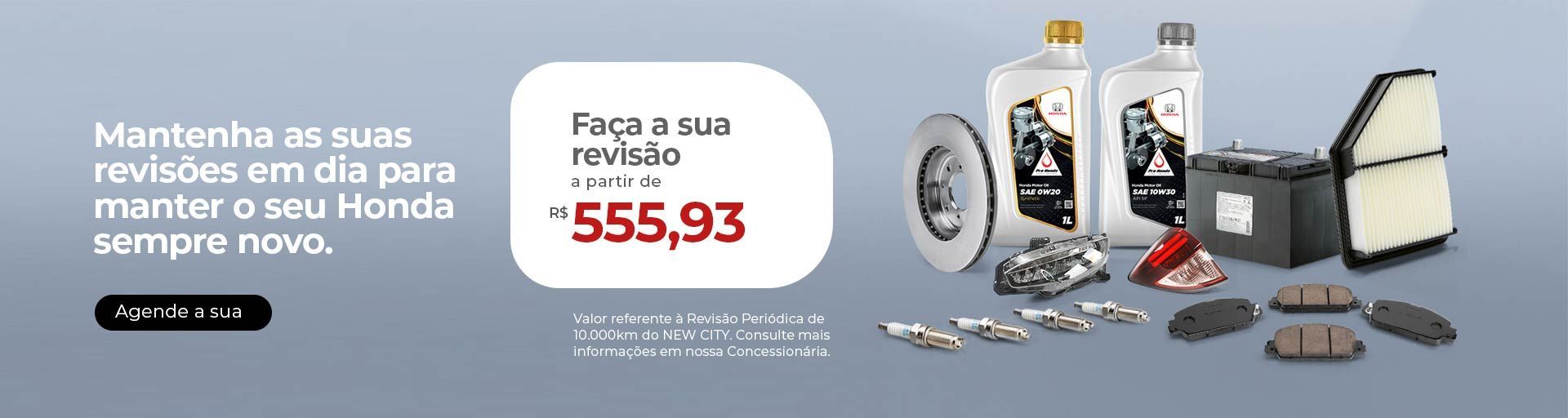 Banner promocional para peças de serviço Honda, com acessórios para carros e etiqueta de preço vermelha mostrando R$ 555,93.