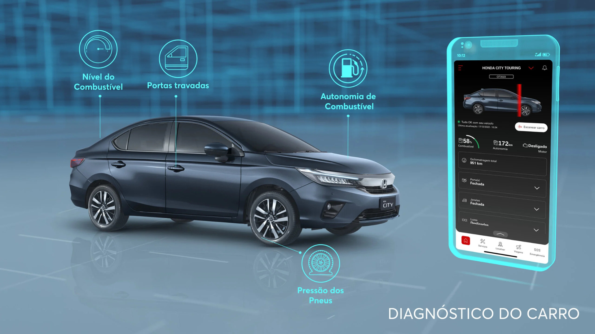 Dark sedan shown with a smartphone dashboard app and diagnostic icons on a blue background