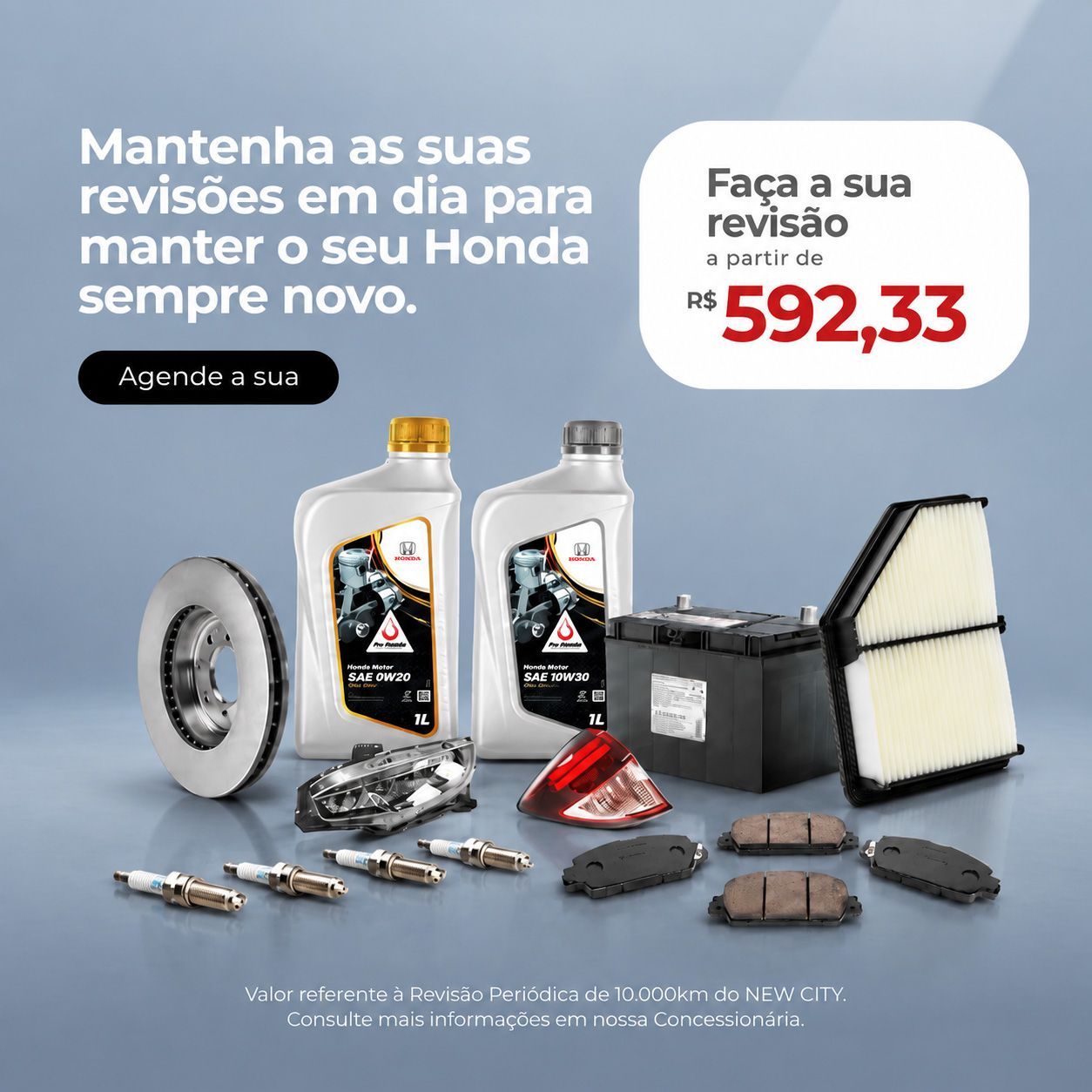 Banner promocional para peças de serviço Honda, com acessórios para carros e etiqueta de preço vermelha mostrando R$ 555,93.